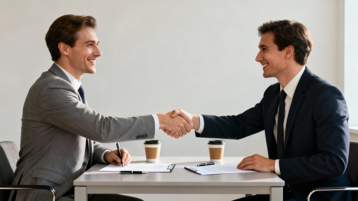 Two smiling businessmen shaking hands across a table after signing a contract.
