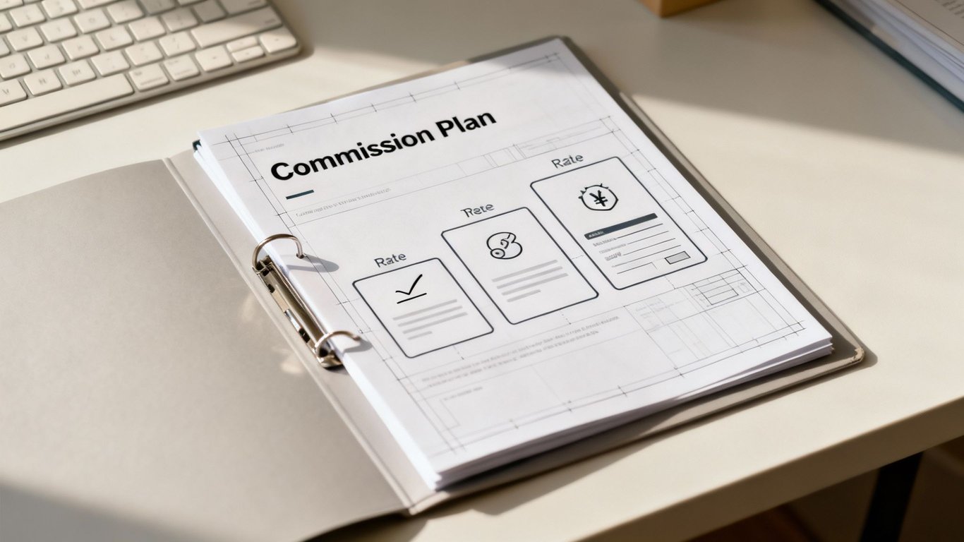 A binder open on a desk displaying a 'Commission Plan' document with rate details.