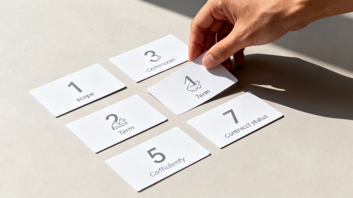 A hand interacts with white cards displaying contract terms like 'scope', 'commission', and 'confidentiality'.