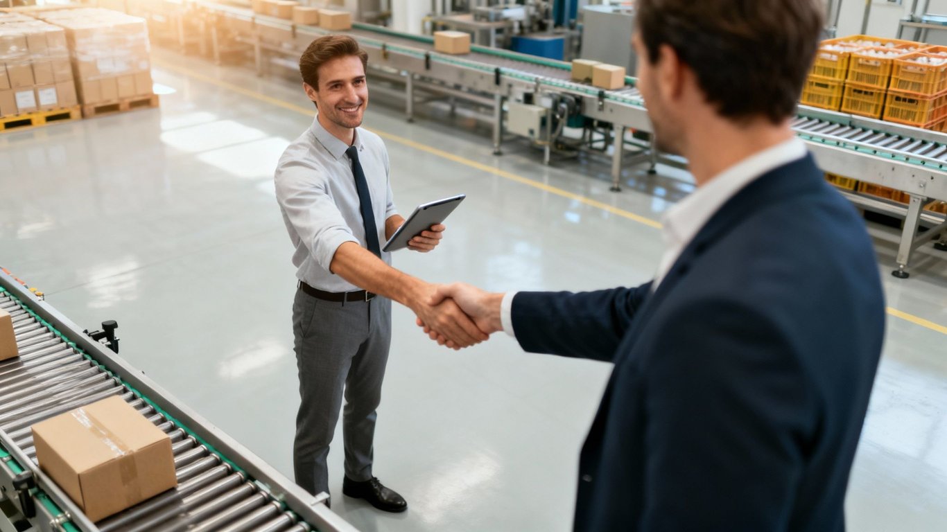 Two smiling businessmen shaking hands in a modern factory setting with conveyor belts and packages.