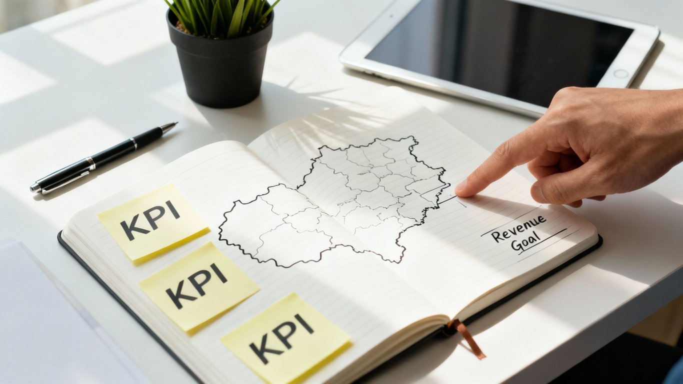 Hand points to a drawn map in a notebook with KPI sticky notes and 'Revenue Goal'.