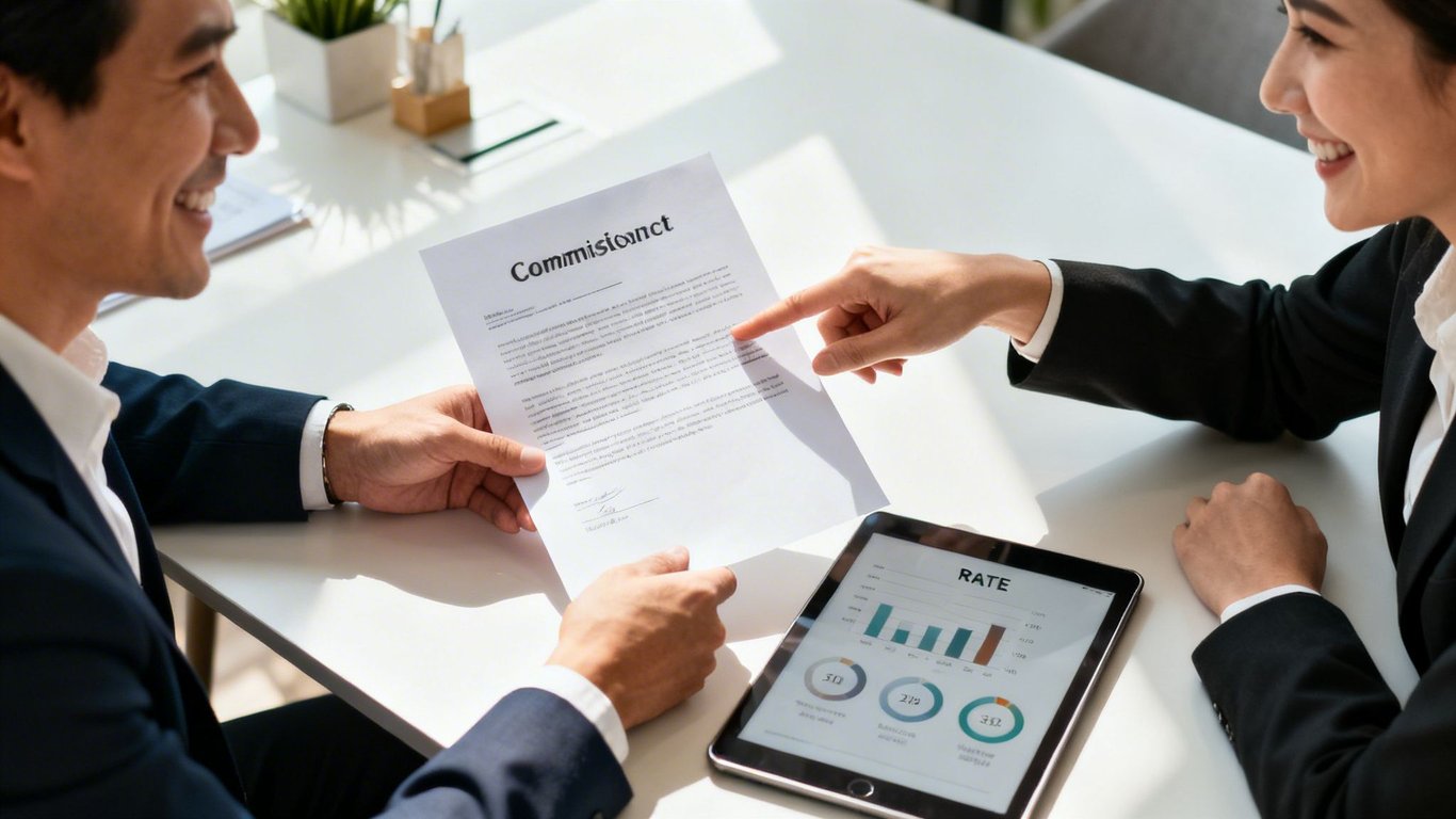 Two smiling business professionals review a commission contract document and digital data on a tablet.