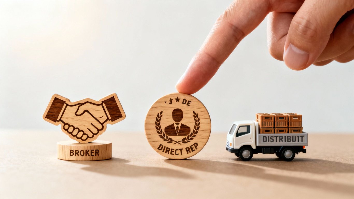A hand pushes a 'Direct Rep' token towards a delivery truck, next to a 'Broker' handshake icon.