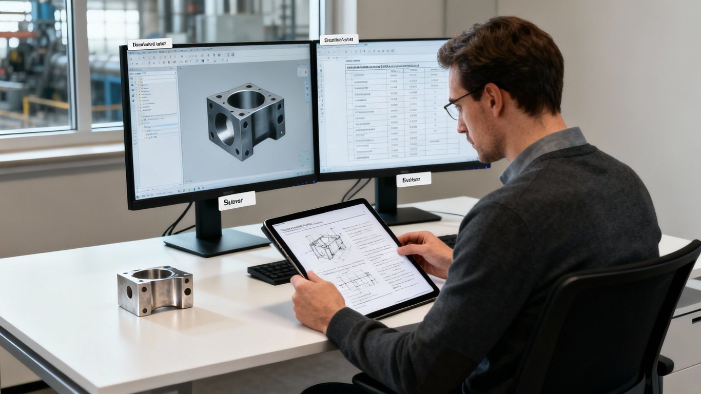 Engineer reviewing CAD models and technical drawings on dual monitors and a tablet in an office.