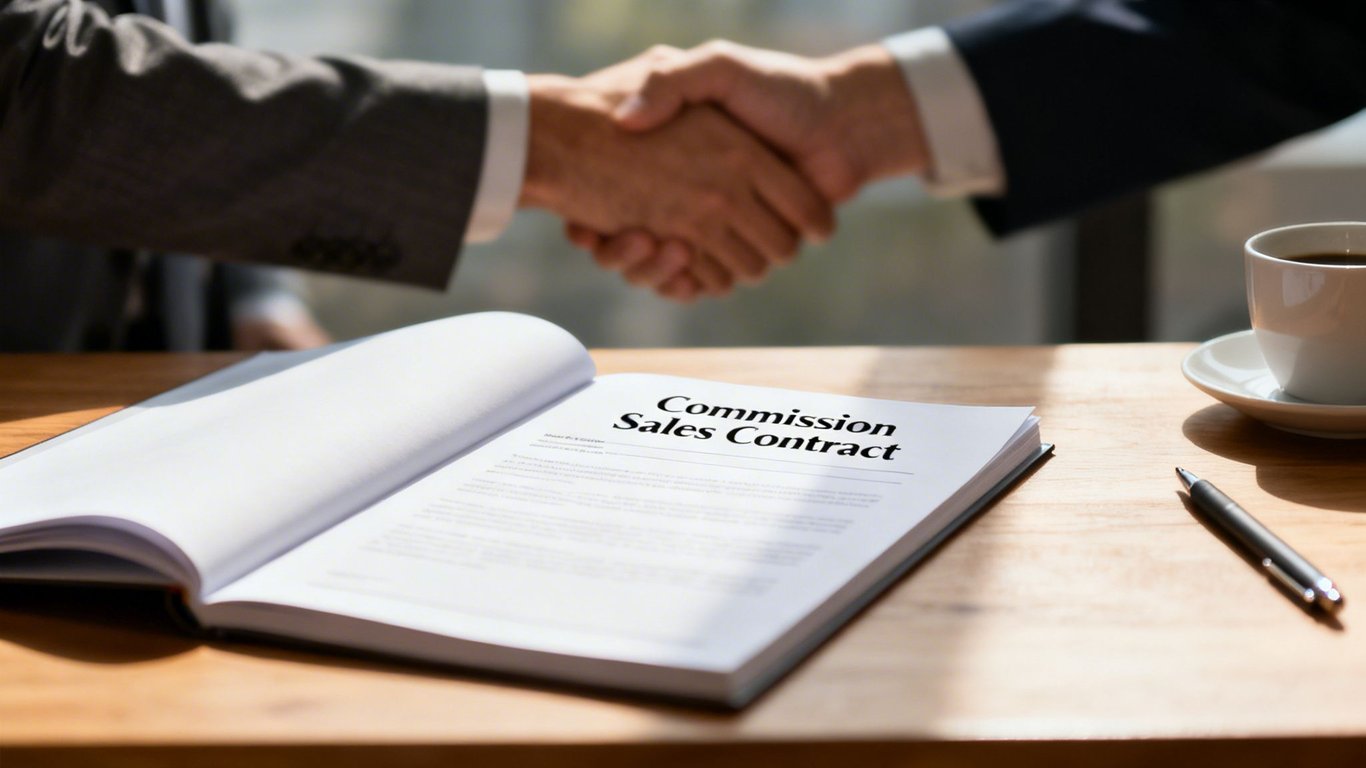 Two business people shaking hands over a commission sales contract on a wooden table.