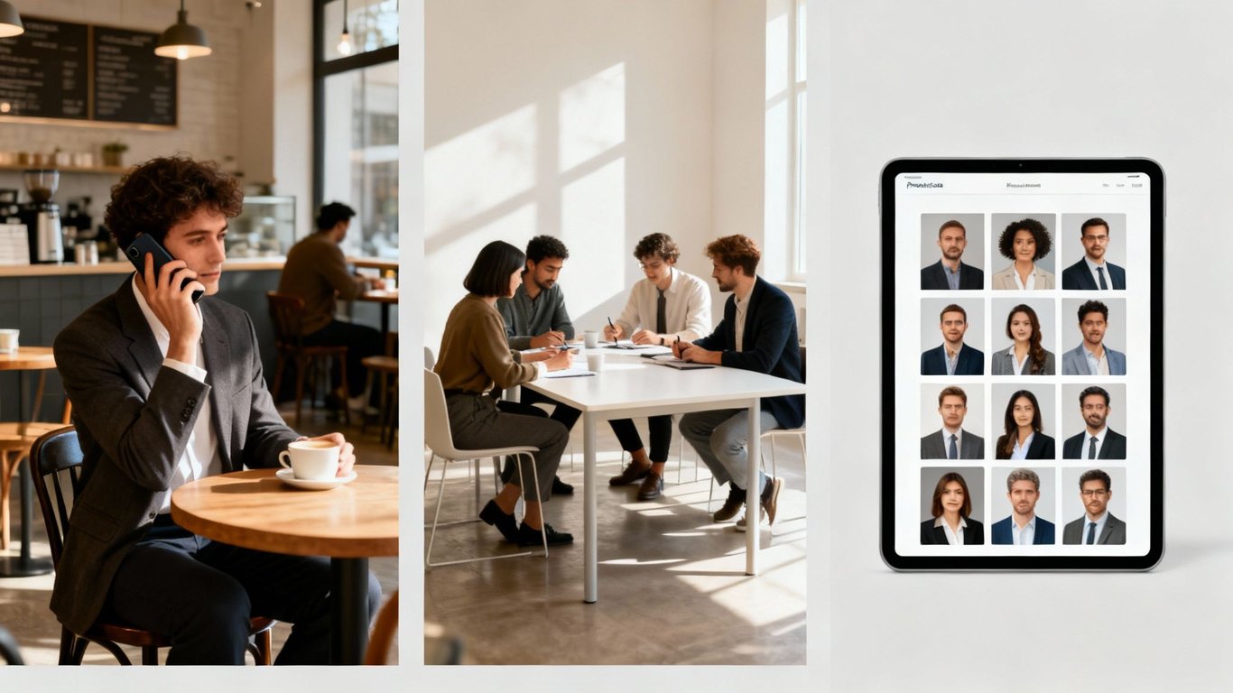 Diverse business scenes: a man on a phone call, a team meeting, and a tablet with professional headshots.