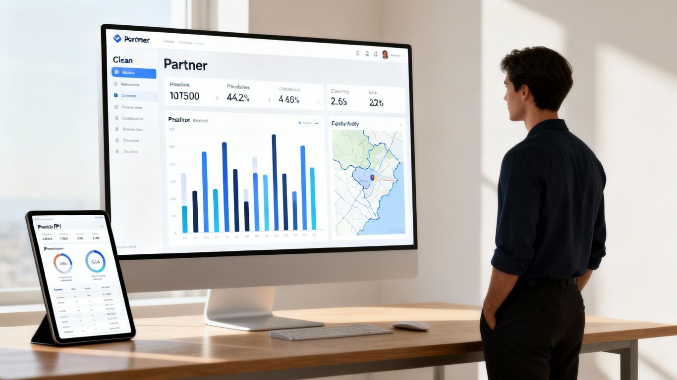 A man viewing a 'Partner' dashboard on a large monitor and tablet, displaying business data.