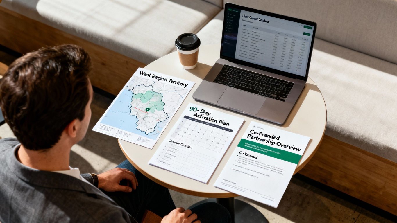 A man reviews business documents including a territory map, activation plan, and partnership overview next to a laptop.