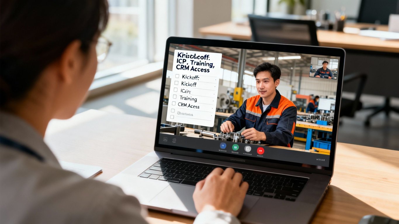 A person in glasses views a video call on a laptop, showing a technician in a factory with an overlaid task list.