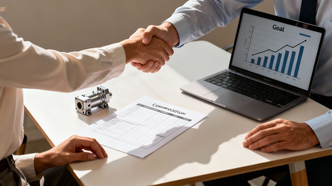 Business professionals shake hands, finalizing a deal with a commission agreement and sales goals on a laptop.