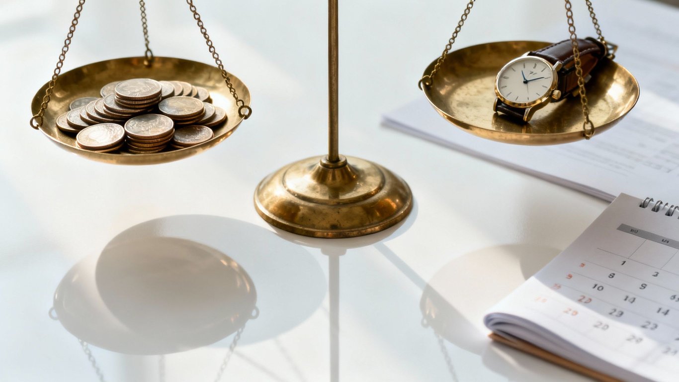 A vintage balance scale with stacks of coins on one pan and a wristwatch on the other, symbolizing the balance of time and money.