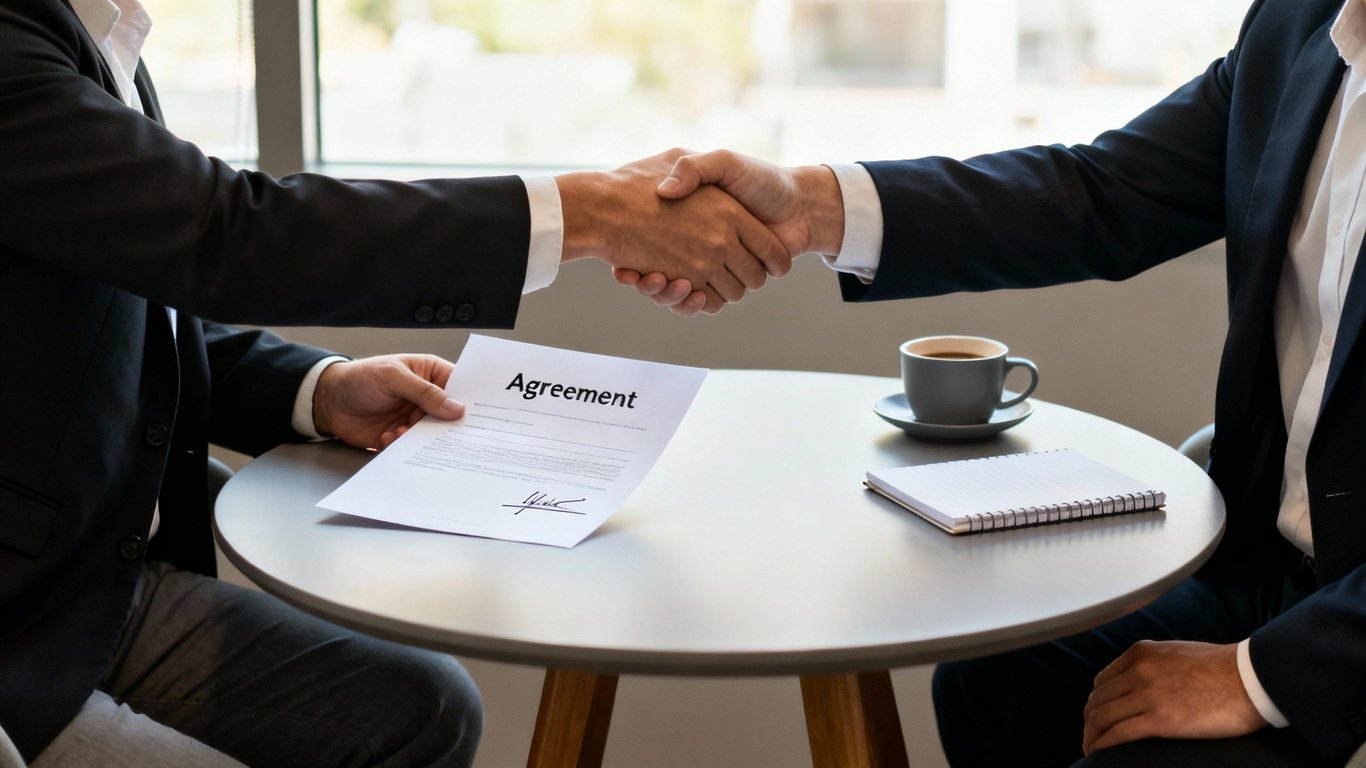 Two businessmen shaking hands over a signed agreement document, symbolizing a successful deal.