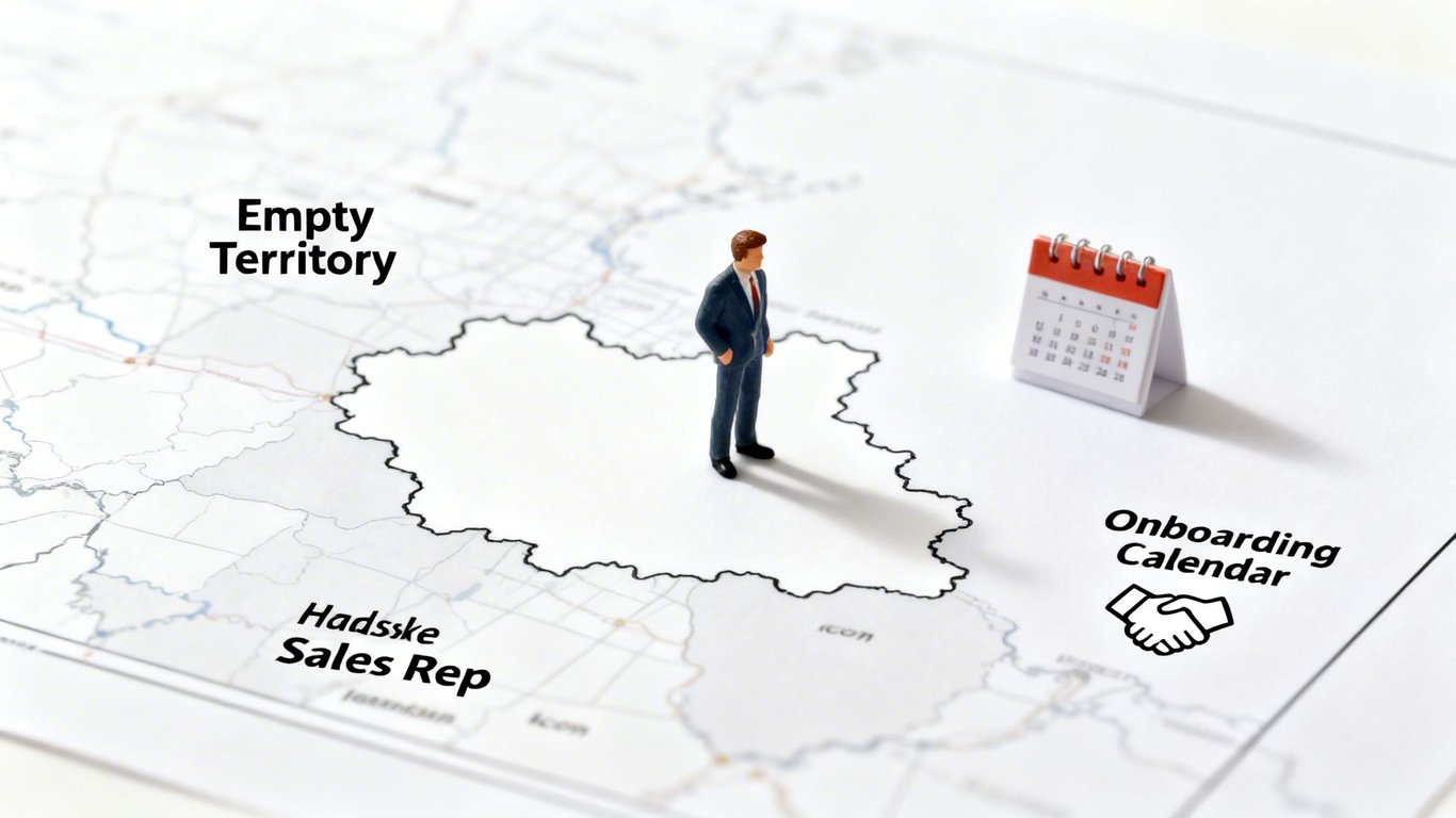 A miniature businessman on a map with an empty sales territory and an onboarding calendar.