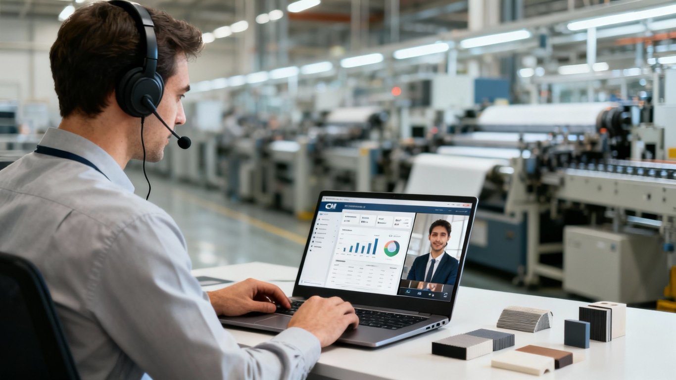 A man in a factory wears a headset, working on a laptop with a video call and data dashboard.