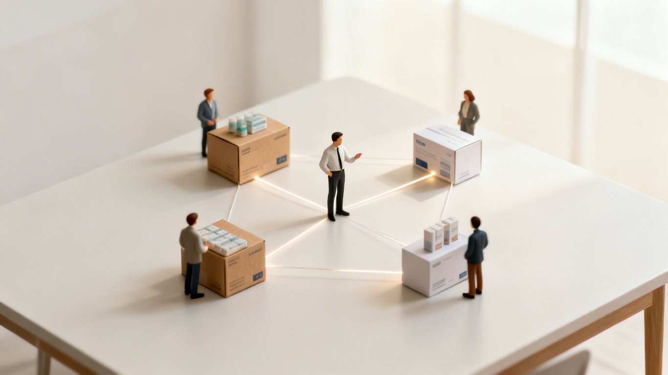 Miniature figures and connected boxes illustrate a supply chain or distribution network on a white table.