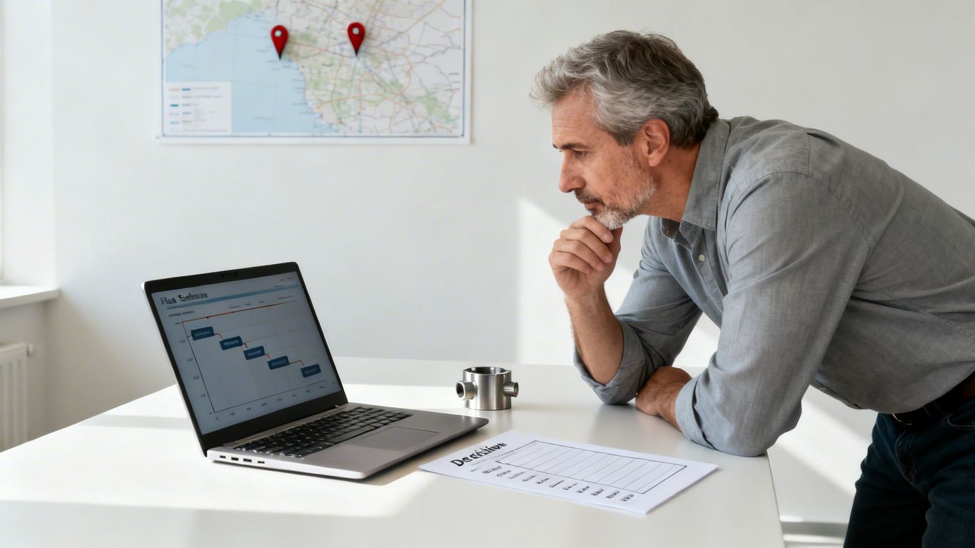 A thoughtful man reviews a sales performance graph on a laptop in an office.