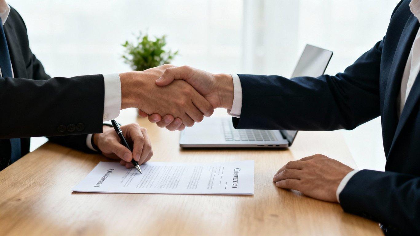 Two businessmen in suits shaking hands and signing a contract after successful negotiation.