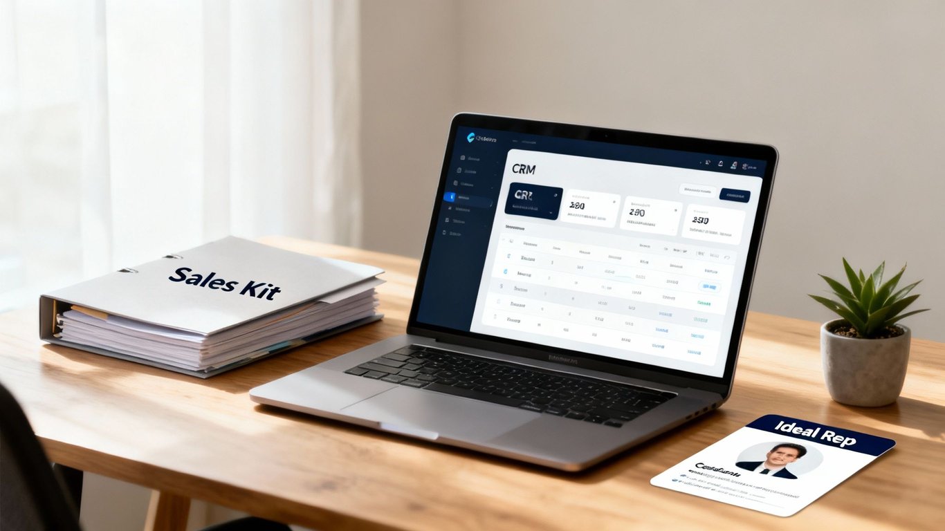 A laptop displaying a CRM dashboard, a 'Sales Kit' binder, and an 'Ideal Rep' card on a wooden desk.