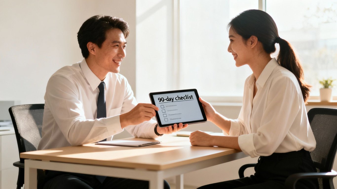 Two smiling professionals review a 90-day checklist on a tablet during a business meeting.