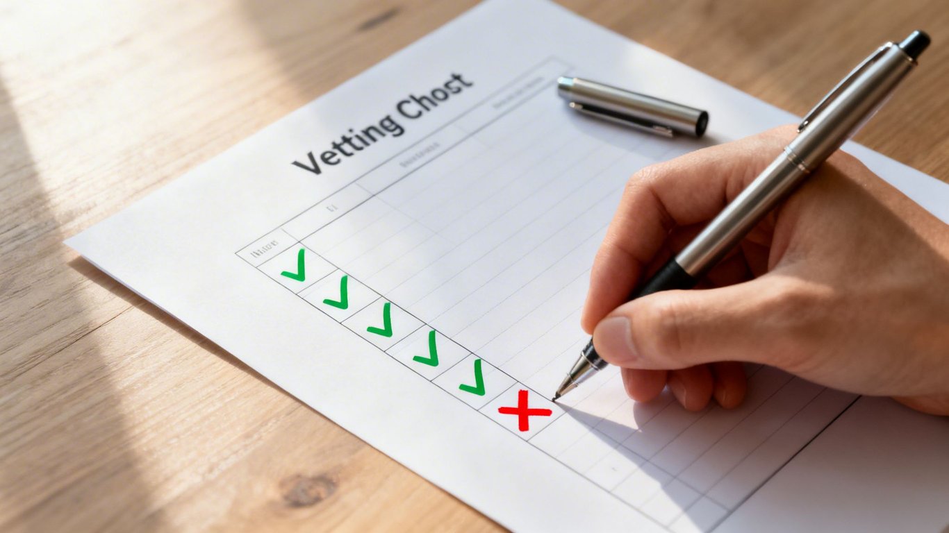 A hand marks a 'Vetting Checklist' with green checkmarks and a red 'X' on a wooden desk.