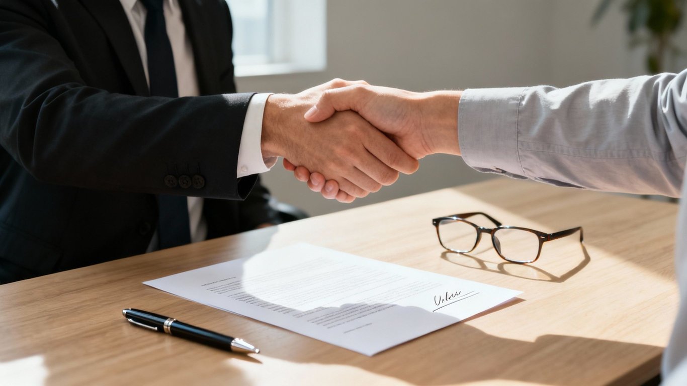 Two businesspeople shaking hands over a signed contract document and eyeglasses on a desk.