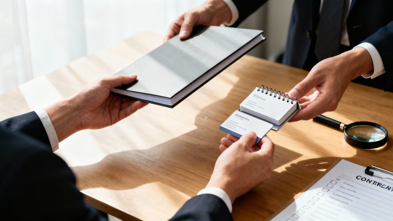 Two business people in suits exchanging a folder, business card, and notepad during a meeting.