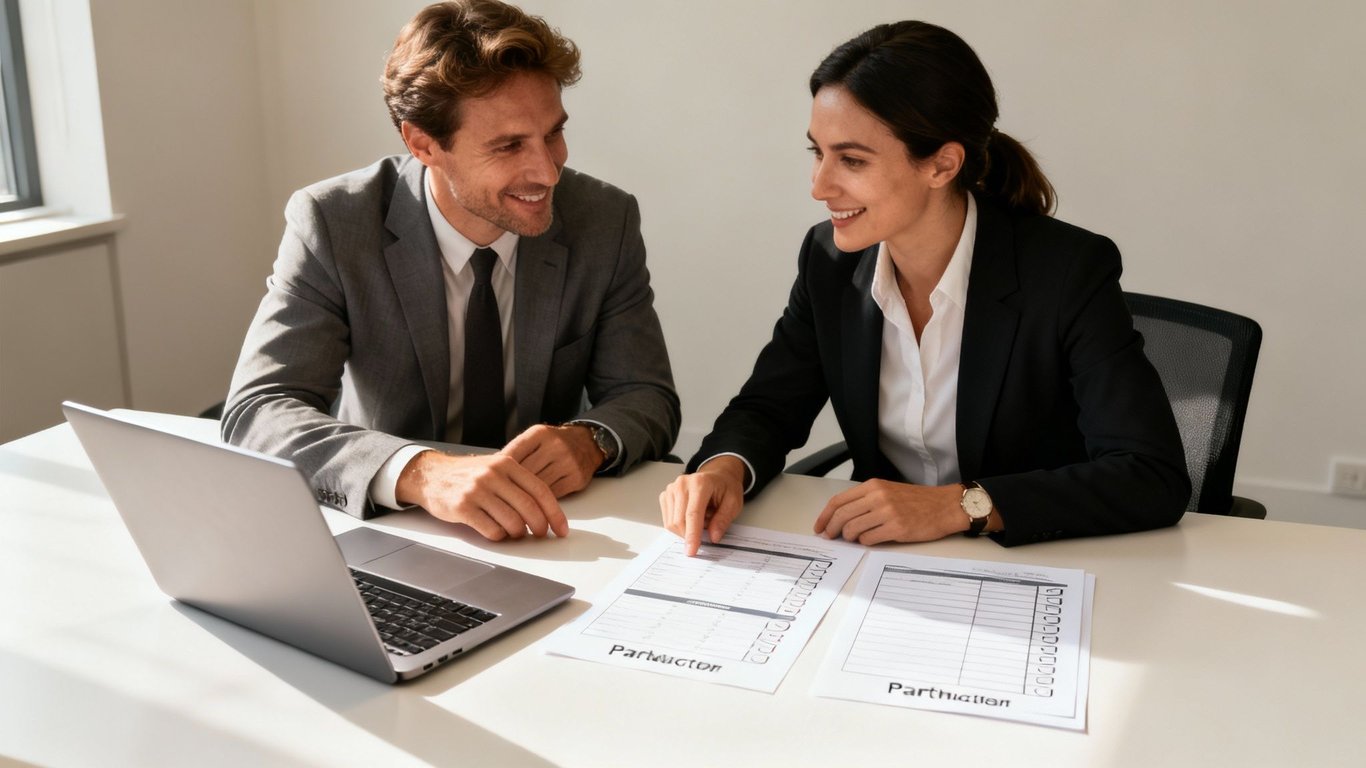 Two smiling business professionals discuss documents during a meeting in a bright office.