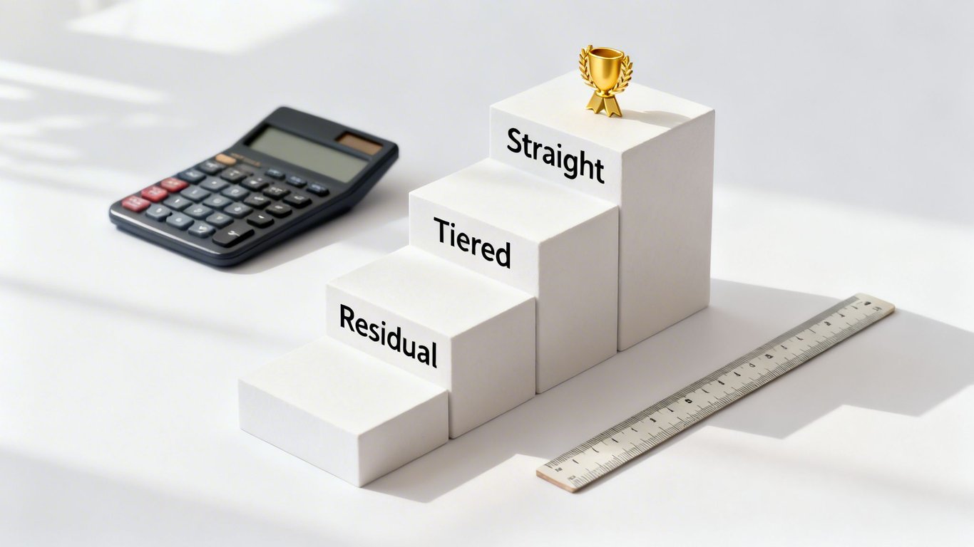 Calculator and ruler beside a three-step platform showing 'Residual', 'Tiered', 'Straight' commission levels, topped with a trophy.