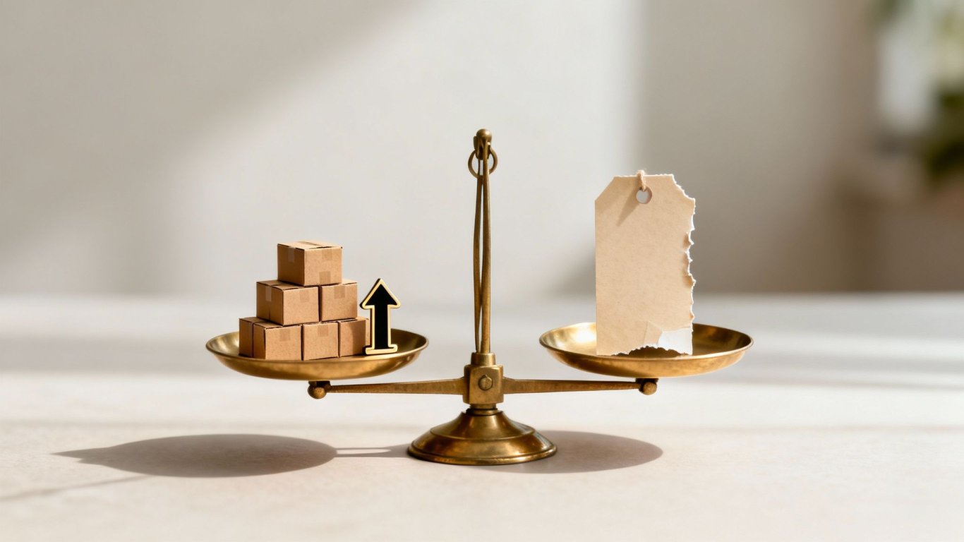 A brass balance scale showing stacked cardboard boxes and an upward arrow outweighing a blank price tag.