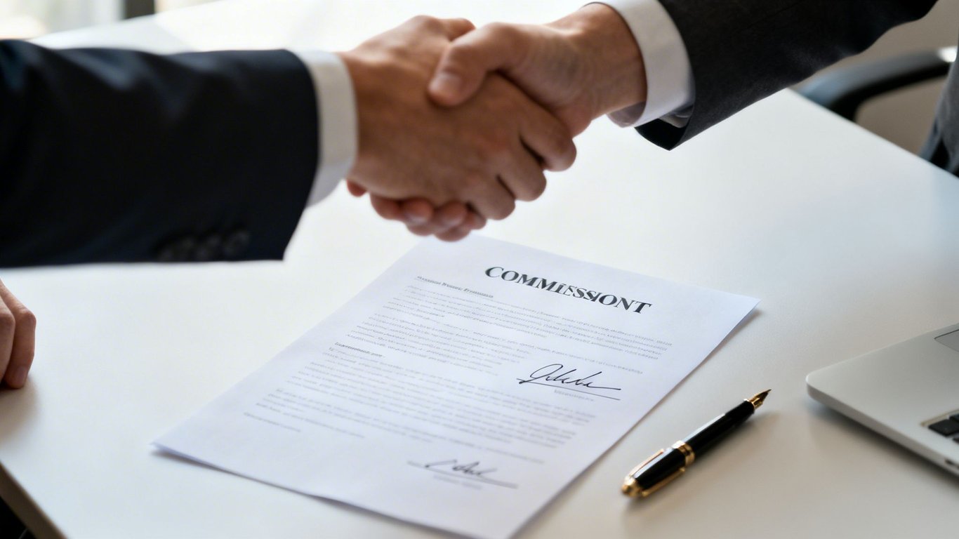 Two business people in suits shake hands over a signed commission contract with a pen and laptop.