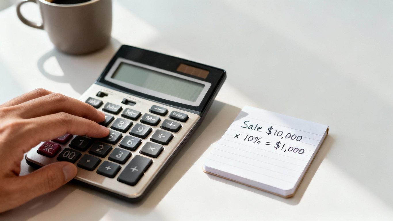 A hand operates a calculator on a white desk next to a notepad with a sales commission calculation.