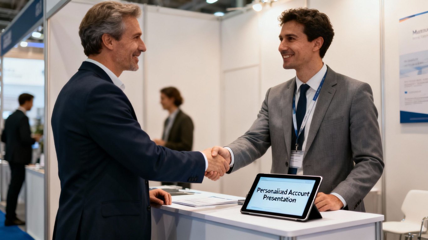 Two smiling businessmen shaking hands at a B2B trade show booth with a tablet displaying a presentation.