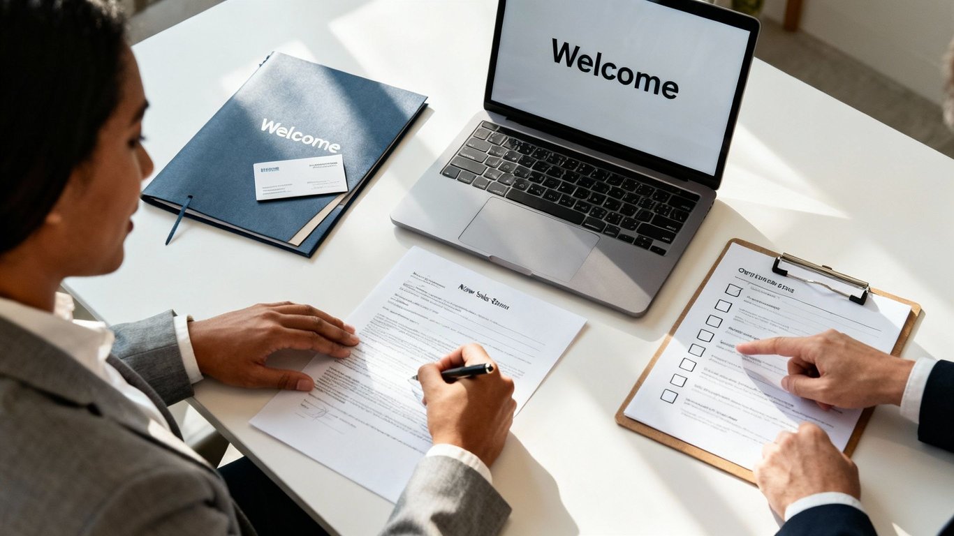 Two business professionals review and sign documents, possibly contracts, at a welcome meeting.