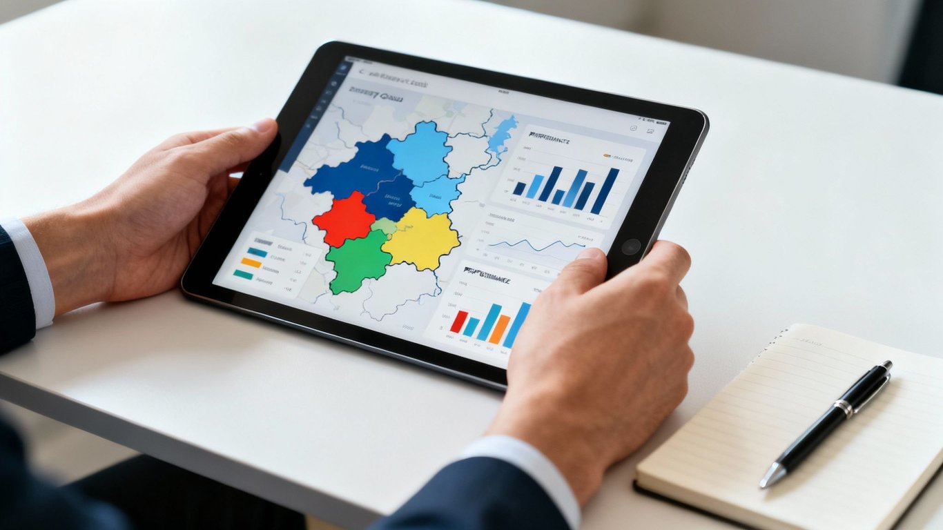 Hands holding a tablet displaying a sales dashboard with a colorful map, bar charts, and a line graph.