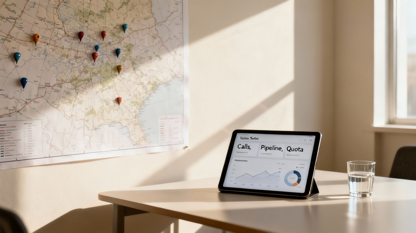 A sunlit office desk with a tablet displaying business metrics and a map with location pins.