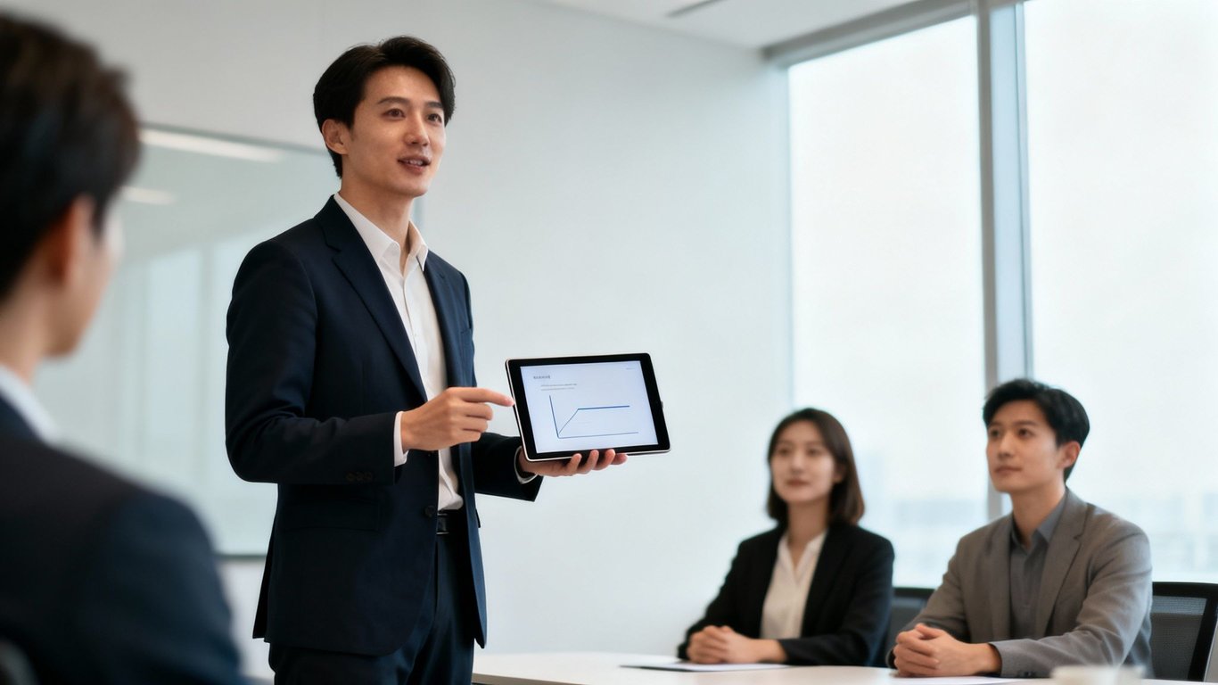 A business professional uses a tablet to present data to a small group during a meeting.