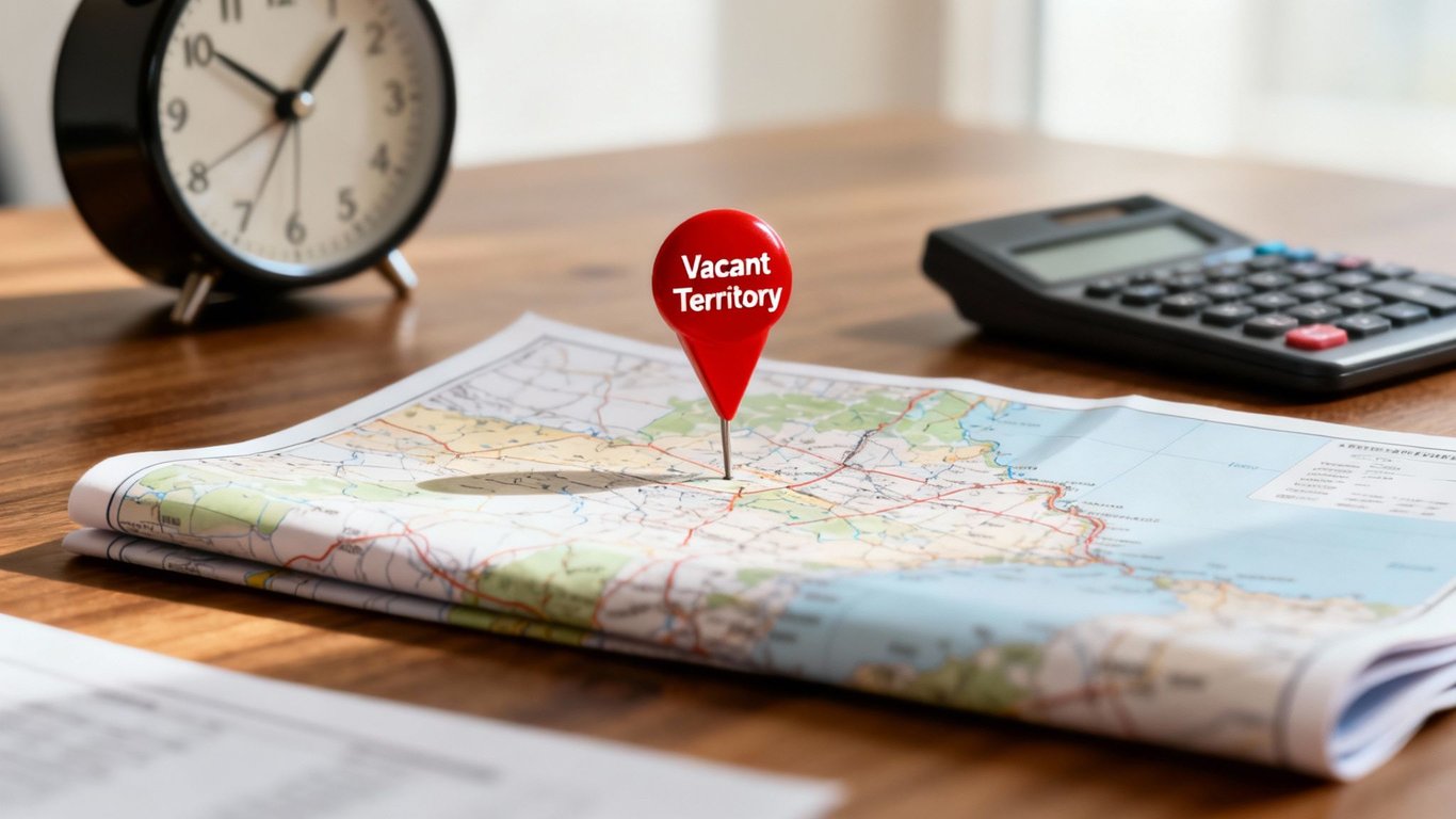 A map on a wooden desk with a red pin indicating 'Vacant Territory', next to an alarm clock and calculator.