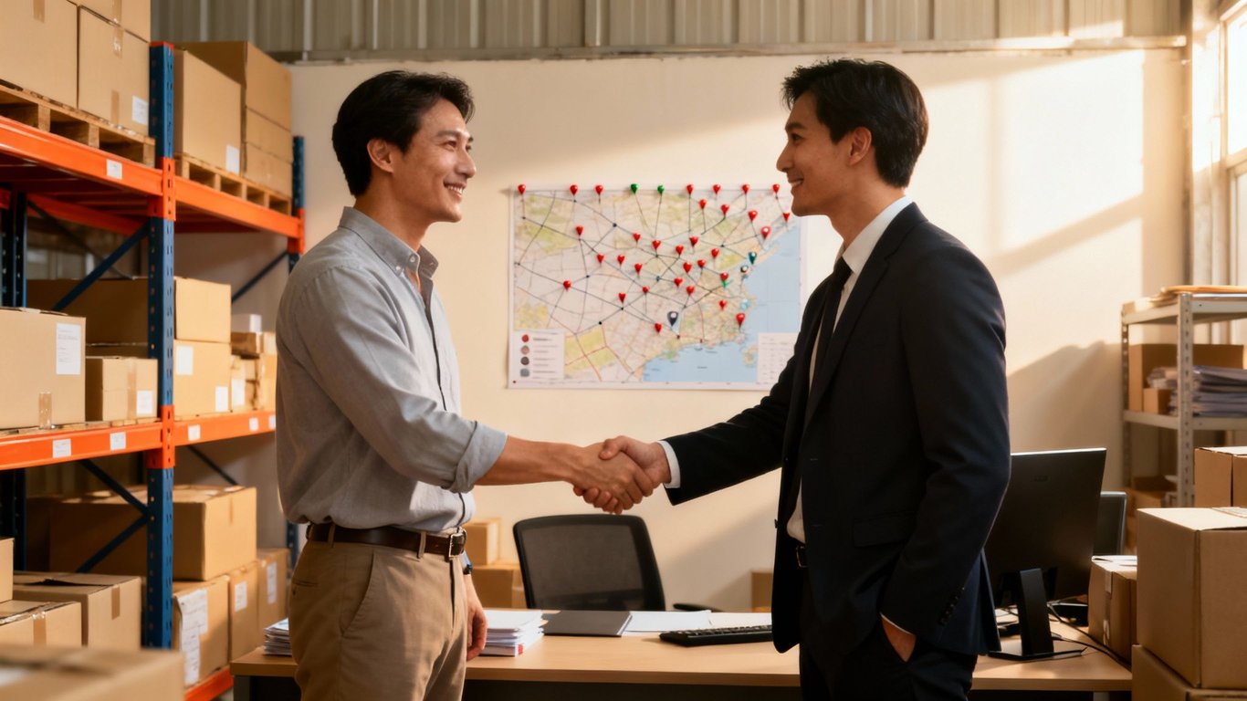 Two smiling business partners shake hands in a warehouse office with a logistics map.