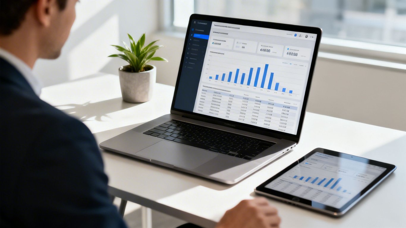 A person analyzing business data and charts on a laptop and tablet in a bright office.