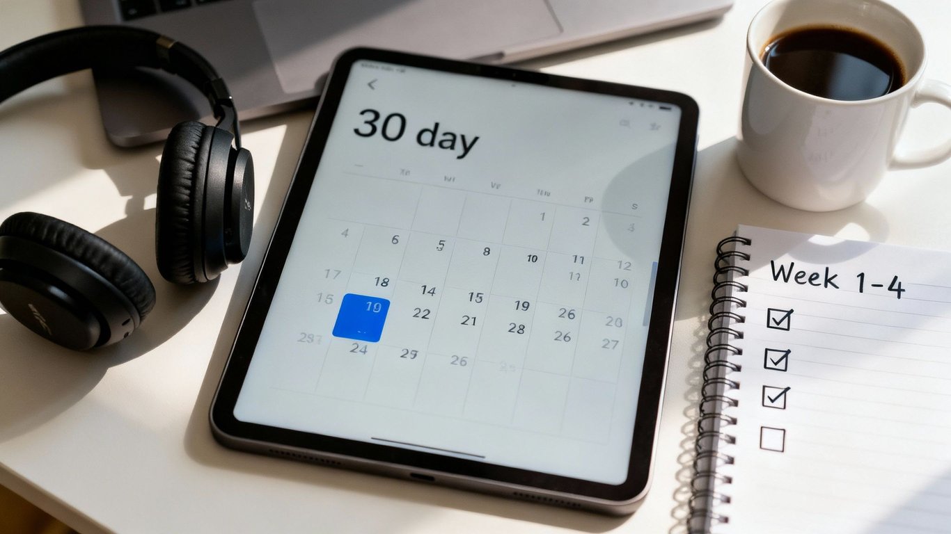 Overhead view of a workspace with a calendar on a tablet, headphones, coffee, and a week's checklist.