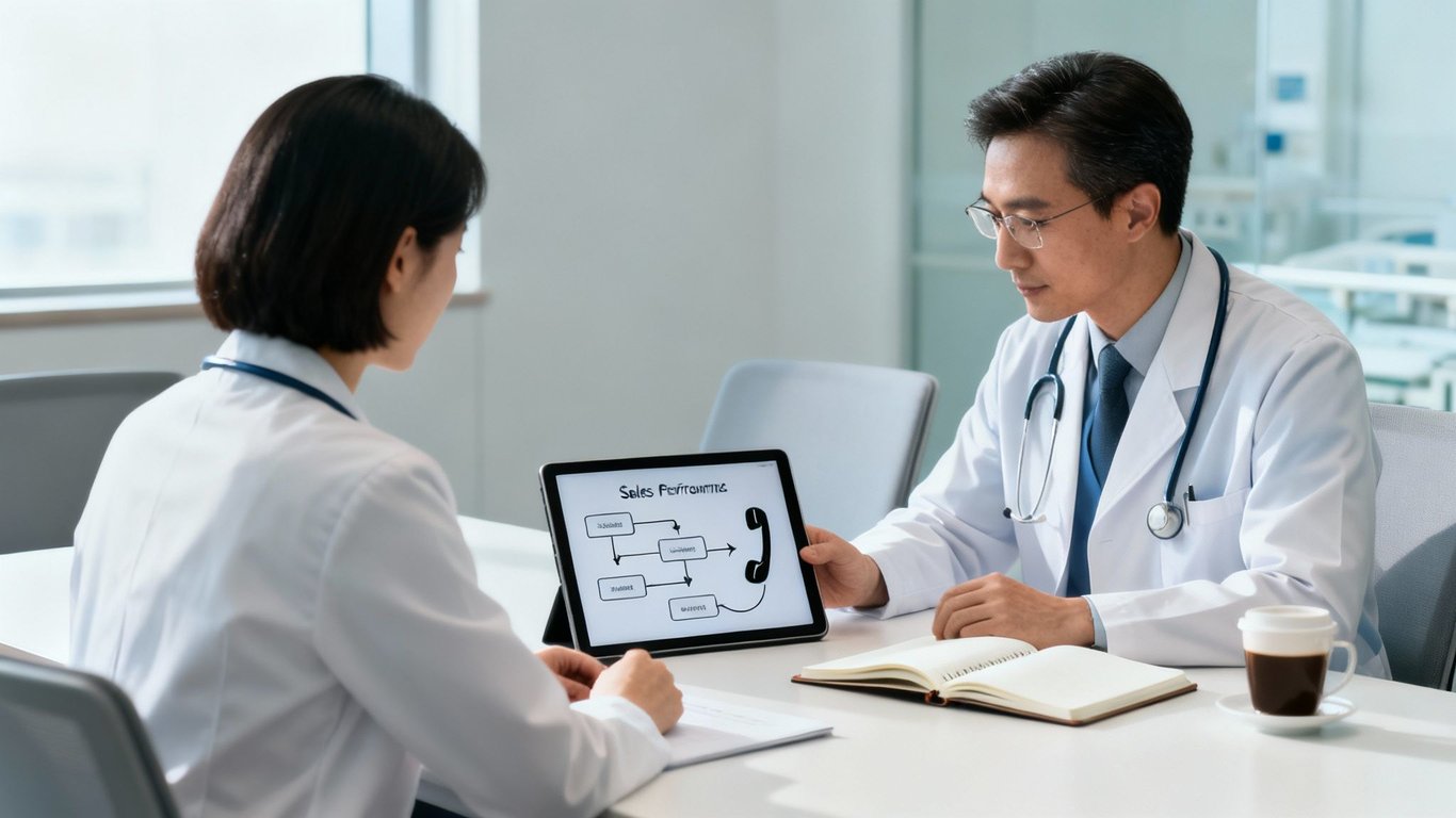 Doctors in white coats review a 'Sales Performance' diagram on a tablet during a meeting.