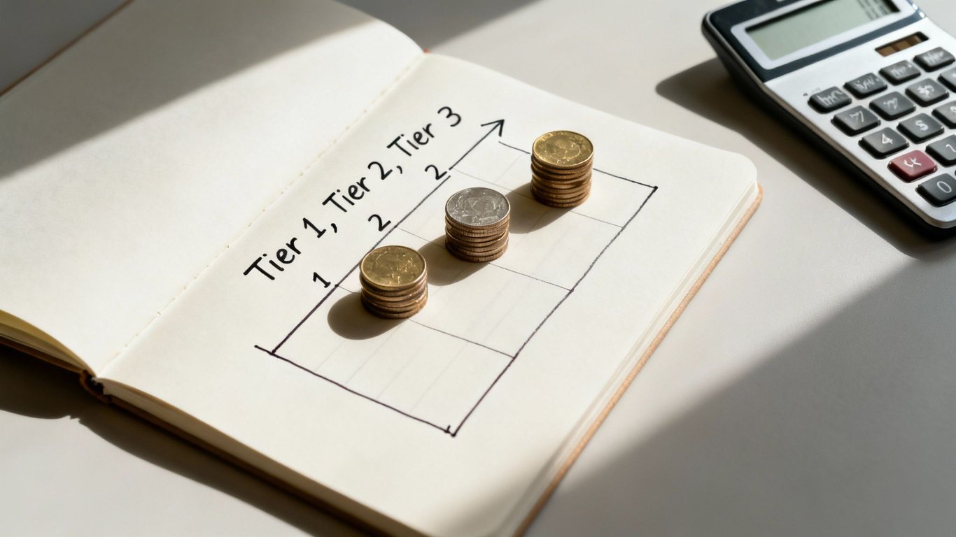 Three stacks of coins on a notebook illustrating tiered sales commissions with a calculator.