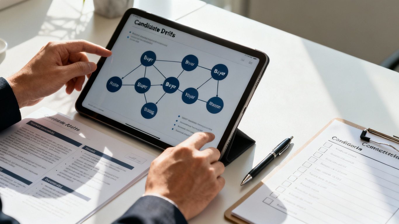 Hands interacting with a tablet displaying a network diagram, alongside documents and a pen.
