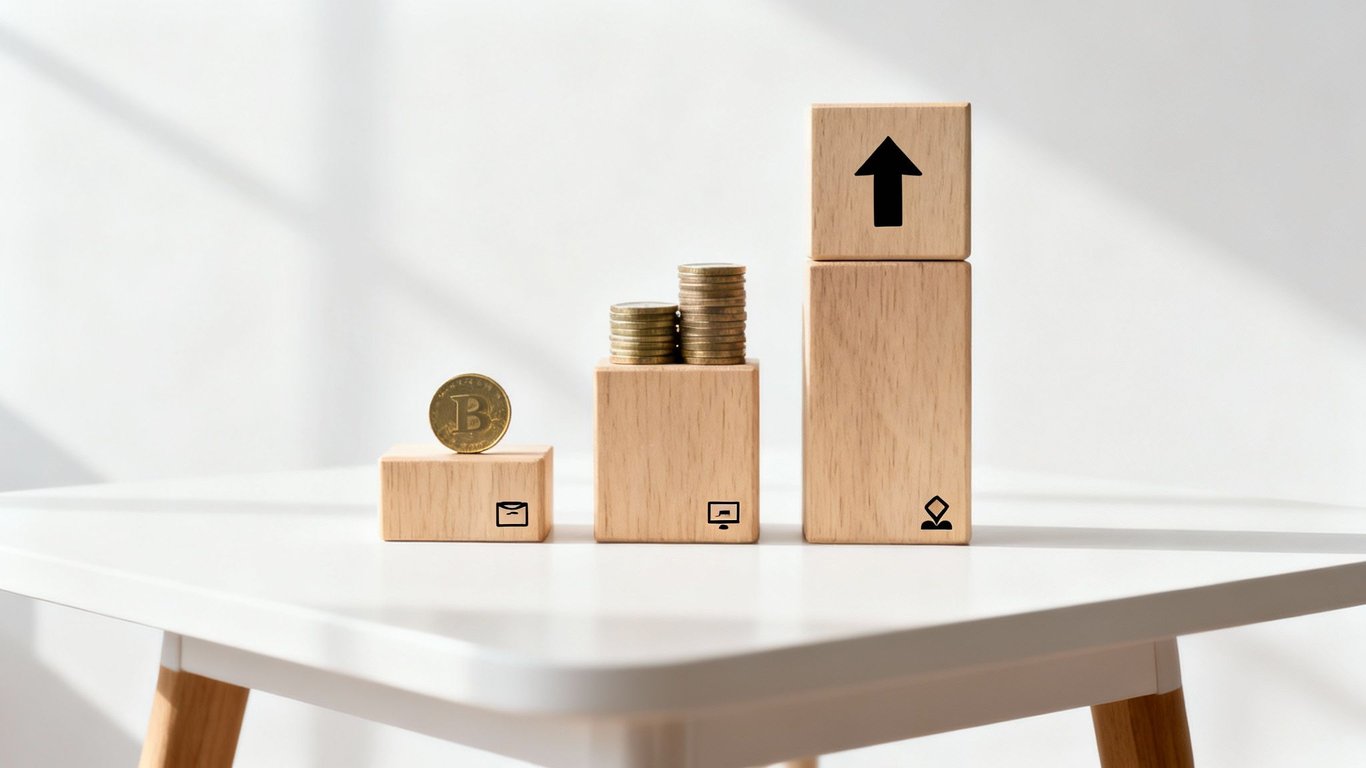 Three ascending wooden blocks with cryptocurrency, coins, and an upward arrow, representing growth.