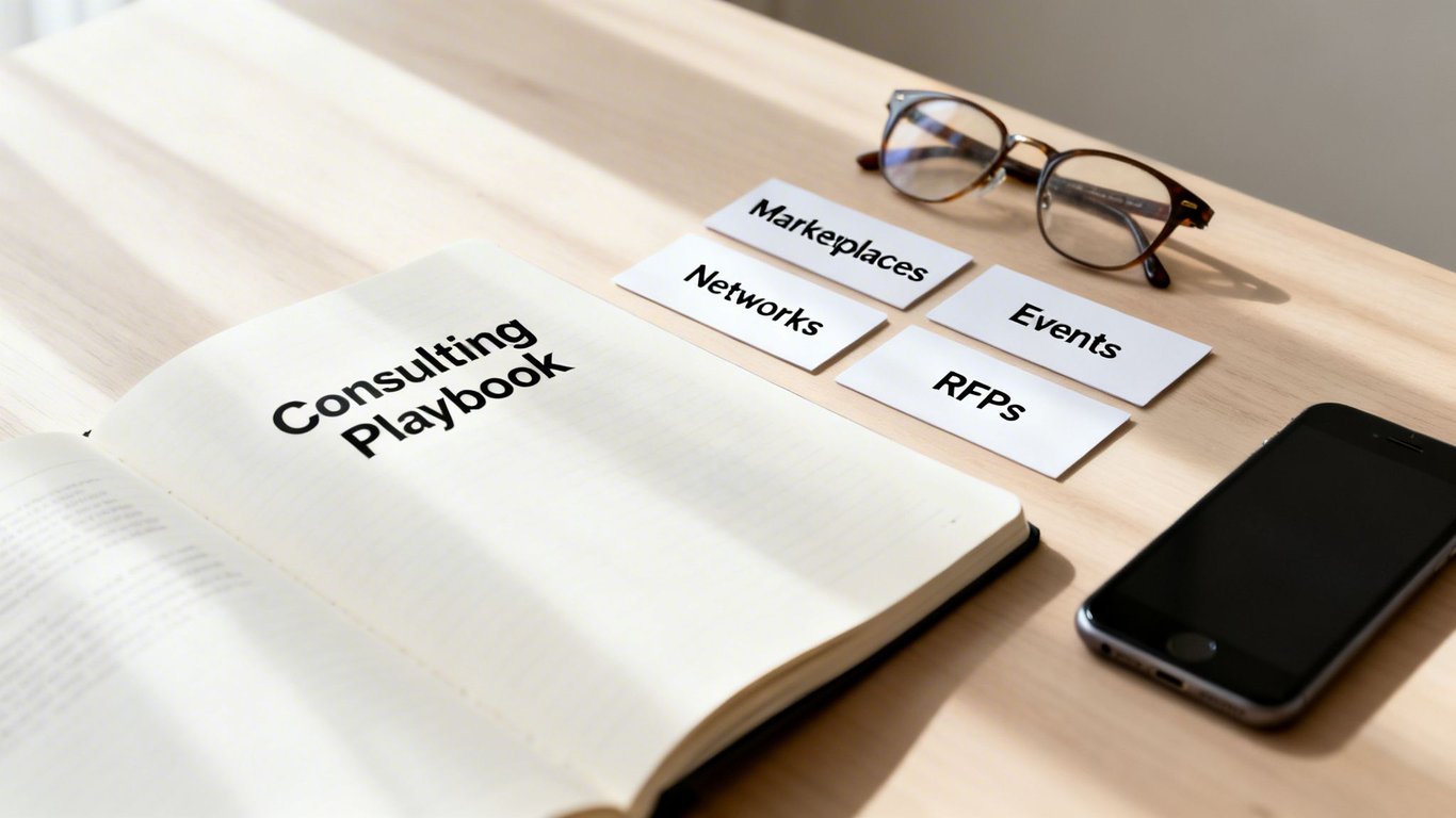 Open 'Consulting Playbook' on a desk with strategy cards: Marketplaces, Networks, Events, RFPs, and glasses.