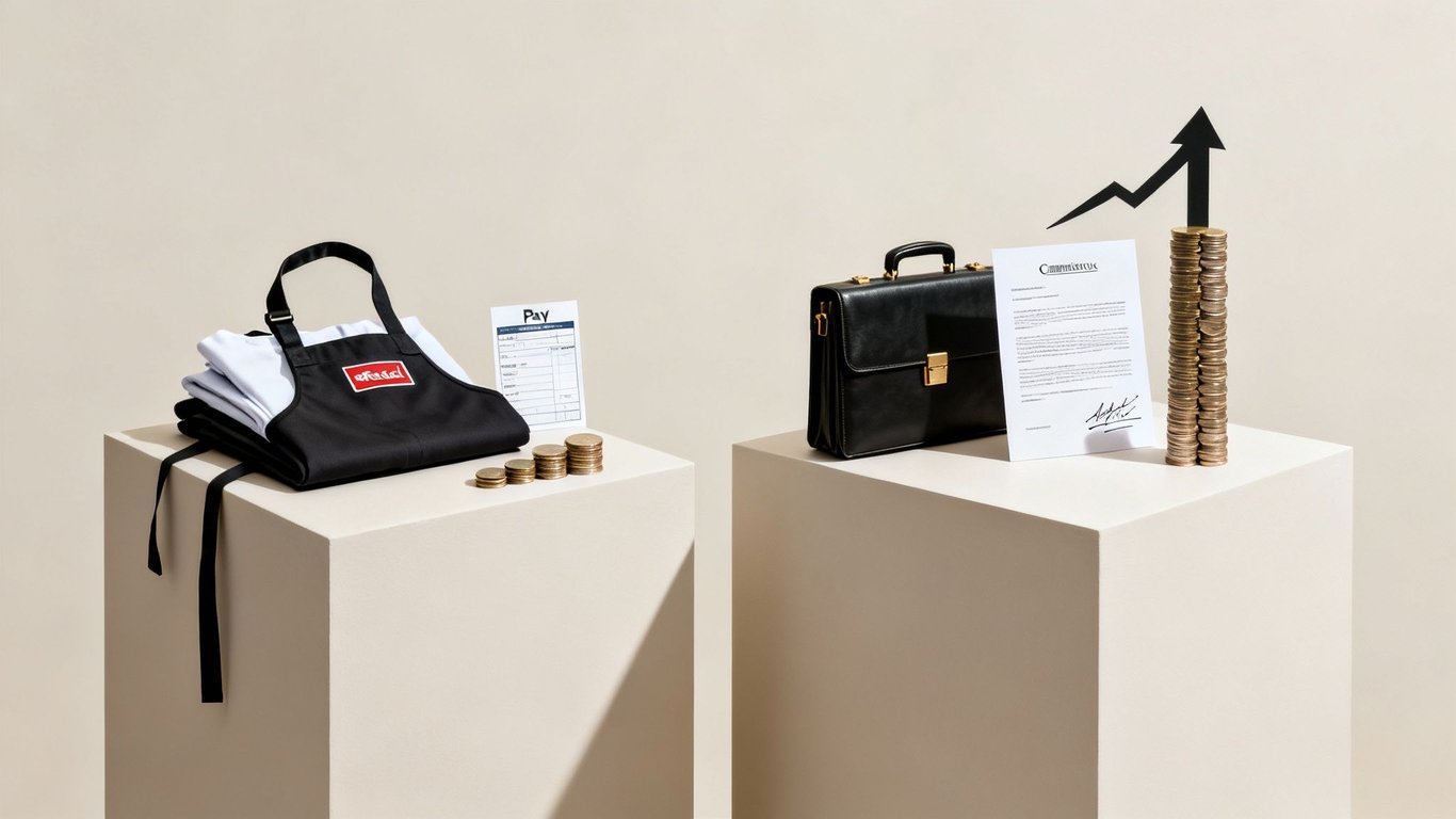 A visual comparison of a sales associate's apron and low earnings versus a sales representative's briefcase and higher income.