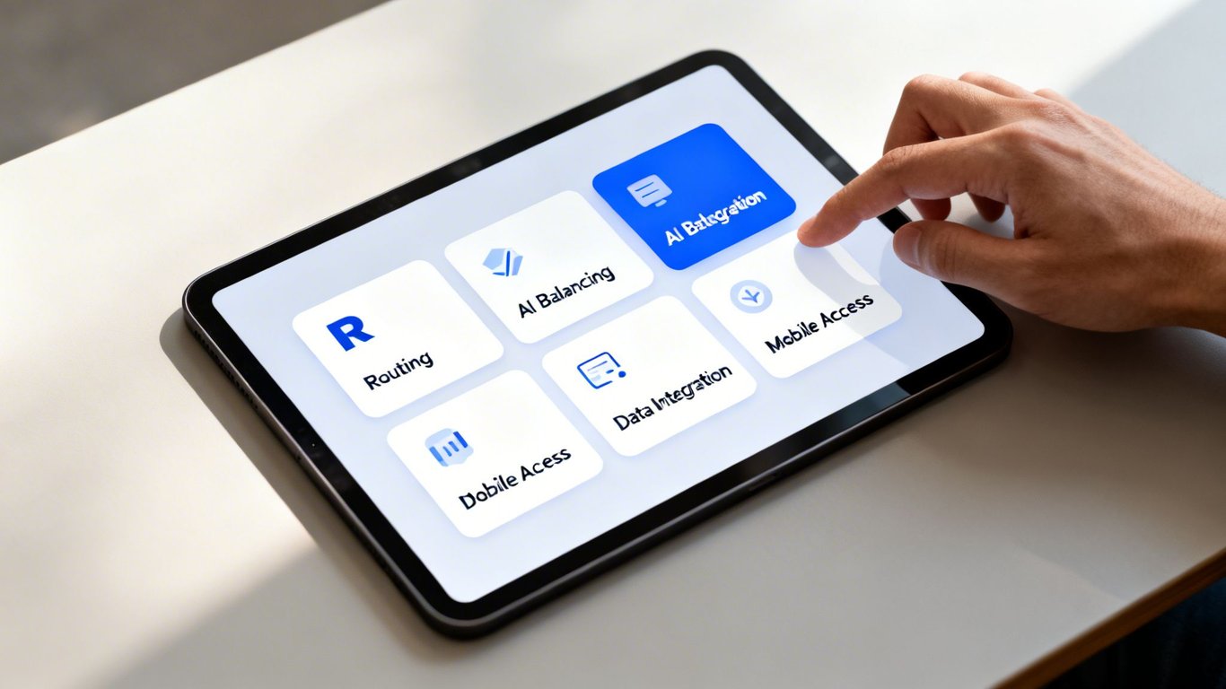 A hand taps on a tablet displaying a modern user interface with various software integration options.