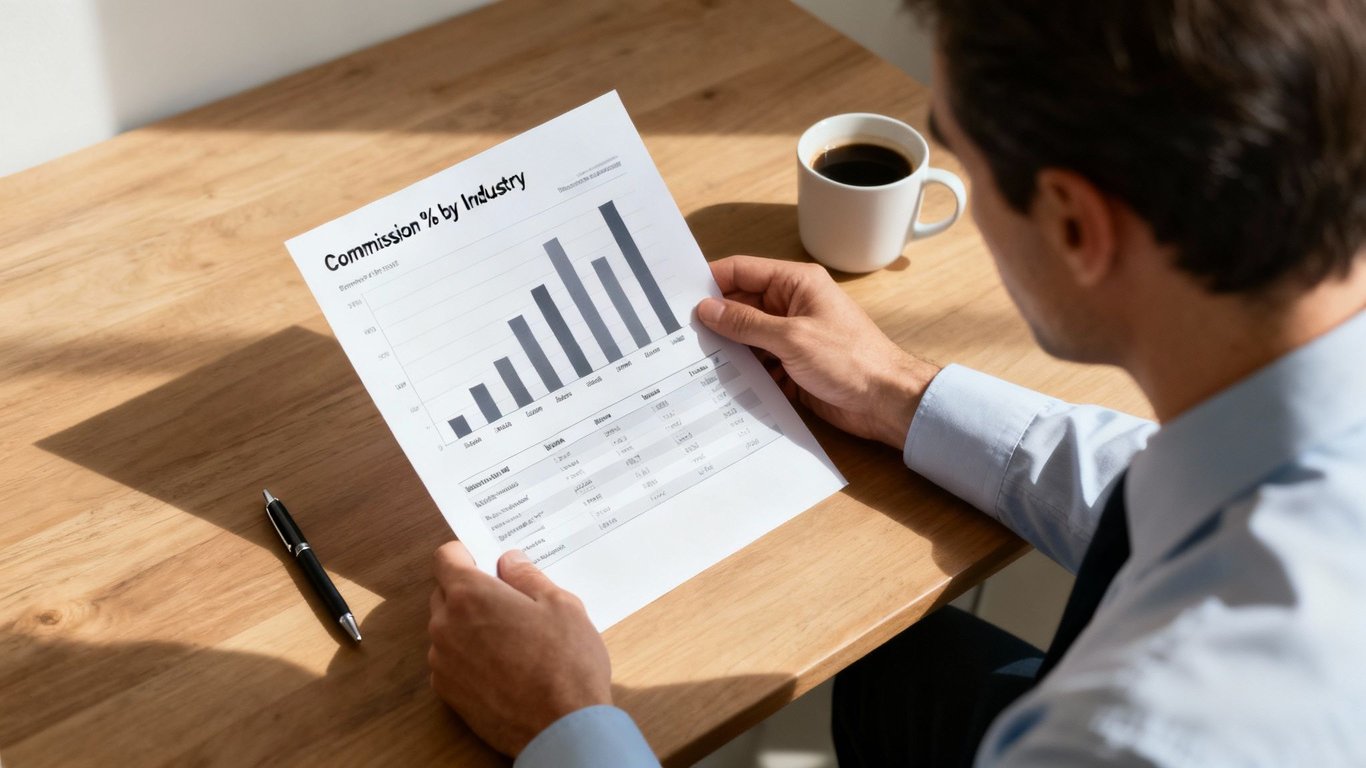 Businessman analyzing a sales commission report by industry on a wooden desk with coffee.