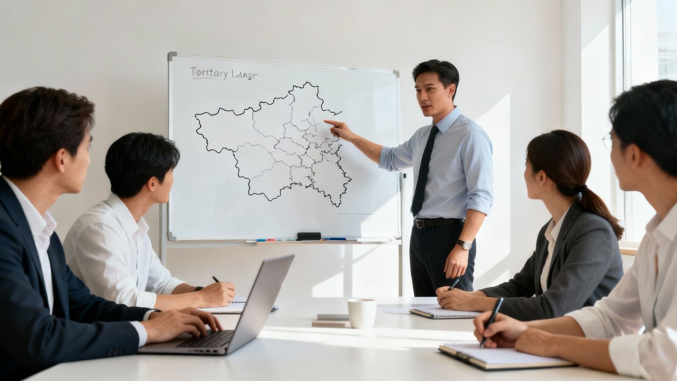 A man points at a territory map on a whiteboard during a business meeting with colleagues.