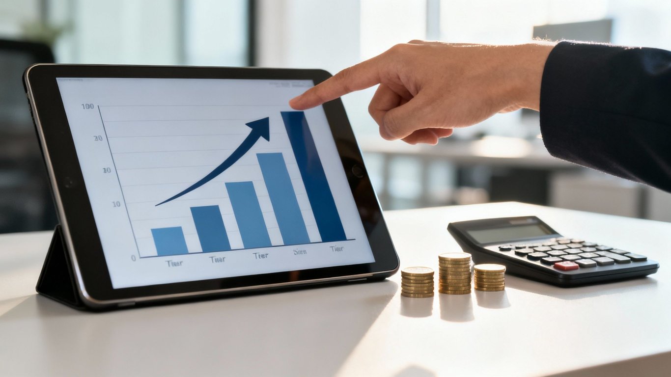 A hand points at a bar graph on a tablet showing financial growth, with coins and a calculator.
